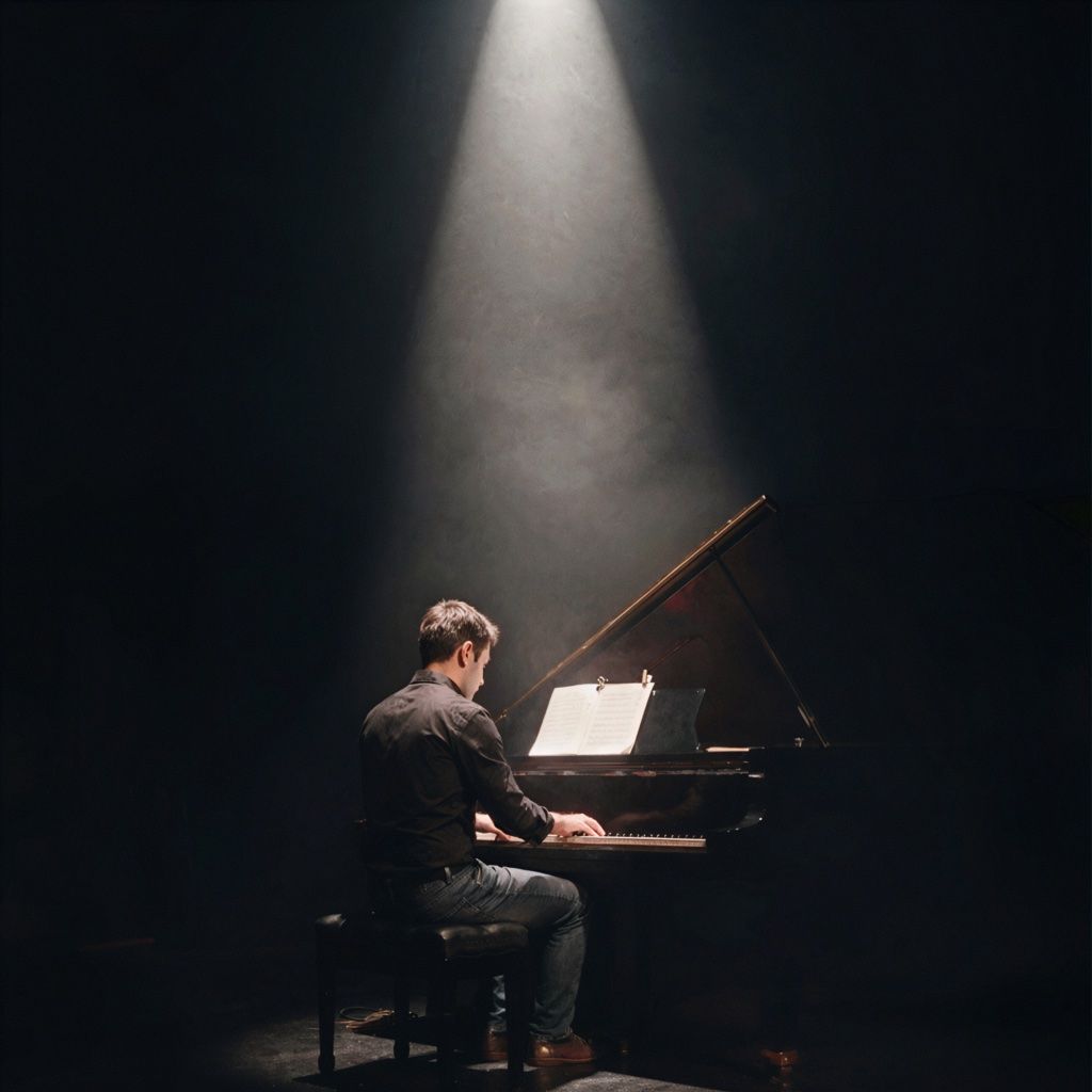 A pianist at a grand piano under a single stage spotlight