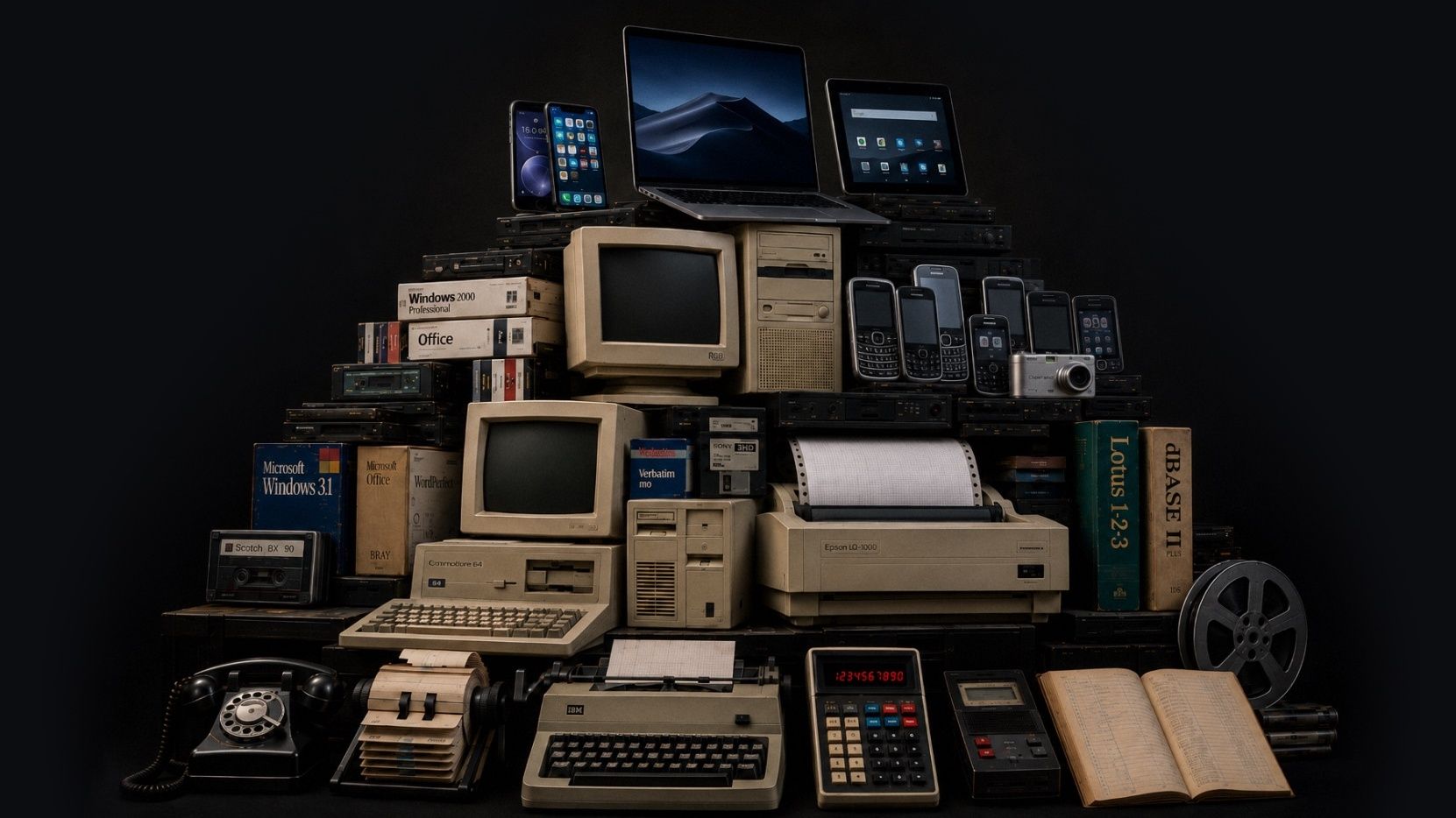 Layers of technology stacked like an archaeological dig: rotary phones and typewriters at the bottom, rising through early computers to today's phones and tablets